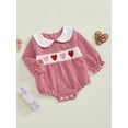 thumbnail image 5 of BemeyourBBs Newborn Baby Girl Valentines Day Outfit Gingham Plaid Bubbel Rompers Puff Long Sleeve Letters Embroidery Bow Decor Bubble Bodysuit Infant Spring Clothes, 5 of 9