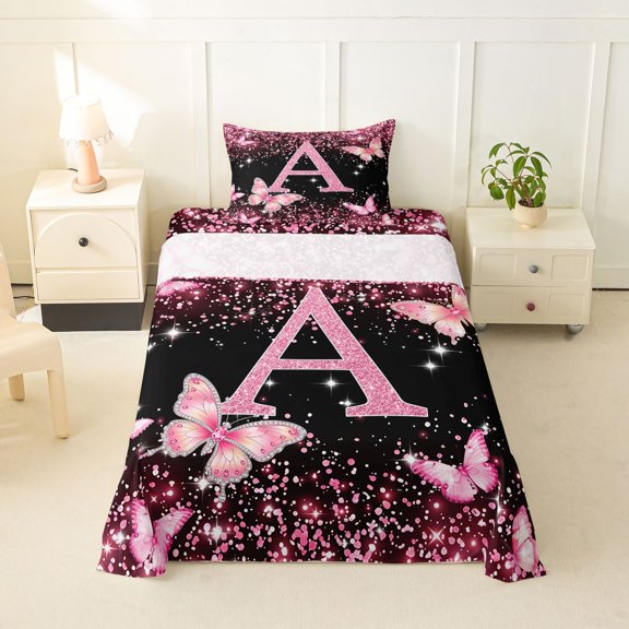 Manfei Pink Butterfly Twin Sheets,Girls Personalized Letter A Bedding,3-Piece