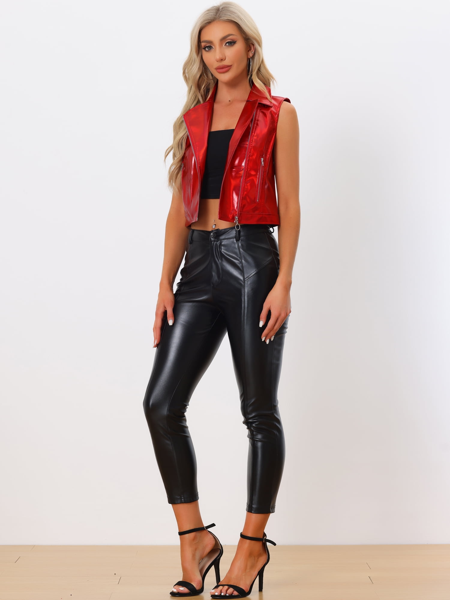 DARING DIVA Women's Metallic Faux Leather Lapel Collar Zip Cropped Vest M Red