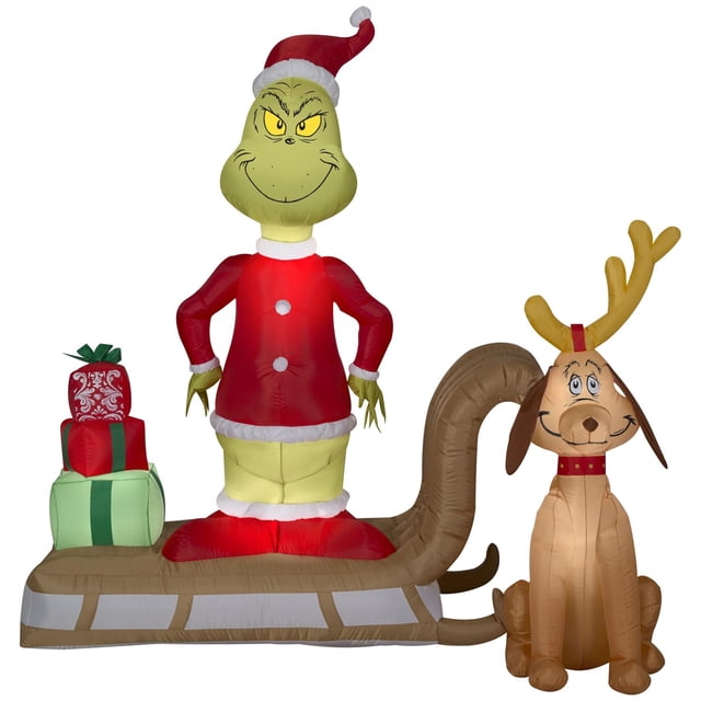 Escena de trineo inflable de Navidad de Gemmy Grinch y Max, 180 cm