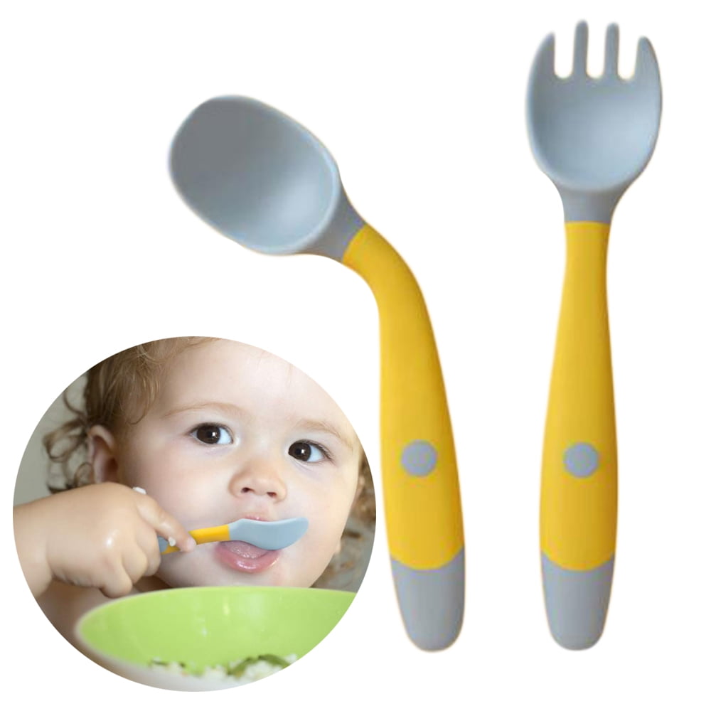 Yellow with Travel Safe Case Infant Self-Feeding Utensils Silicone Cutlery Kit BPA Free Baby Spoons Forks Set Easy Grip Training Spoons & Forks