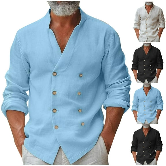 Hinvhai Mens Casual Double-Breasted Shirts Button up Long Sleeve Lapel Regular Fit Shirt Classic Vintage Fashion Dress Shirts White 10(XL)