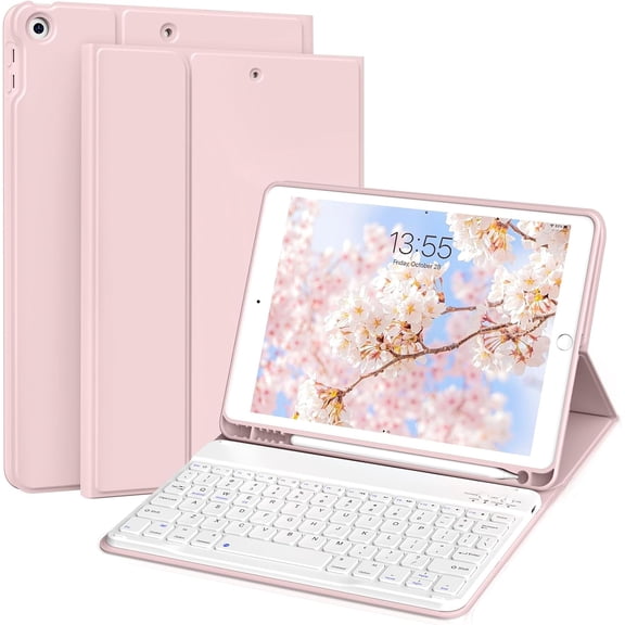 NEOYFC for Case for iPad 9th/8th/7th Generation (10.2 Inch, 2021/2020/2019) with Pencil Holder, Magnetic Detachable Bluetooth Keyboard, Folio Multi-Angle Stand Cover-Thin & Light, Pink