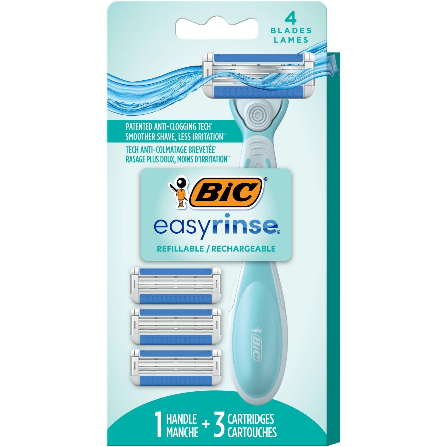 Ensemble de rasoirs pour femmes rechargeables BIC EasyRinse anti-encrassement avec 4 lames, 1 manche de rasoir et 3 cartouches de recharge
