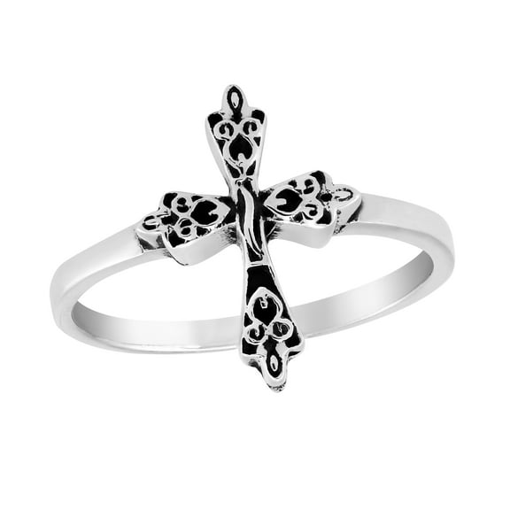 Faithful and Ornate Cross Swirl Accents .925 Sterling Silver Band Ring-7