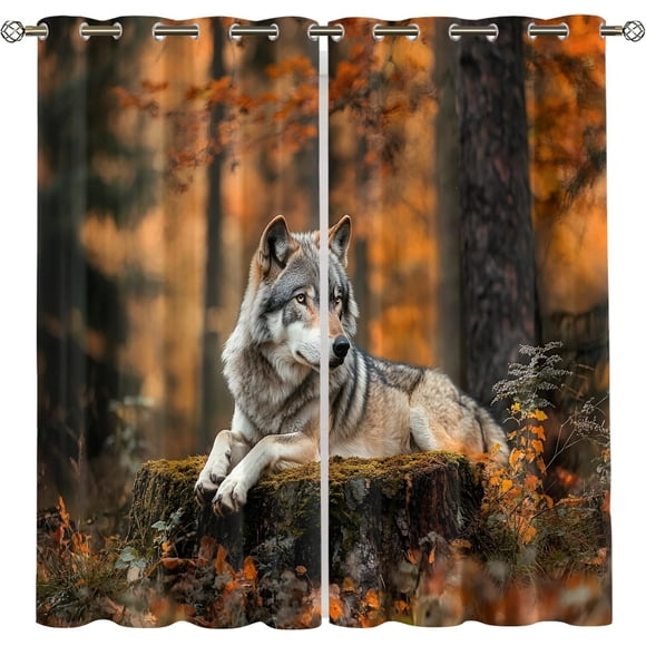 Wolf Blackout Curtains, Forest Wildlife Window Drapes for Bedroom Living Room Kitchen, Rustic Animal Curtains 42"W x 96"L (Pack of 2)