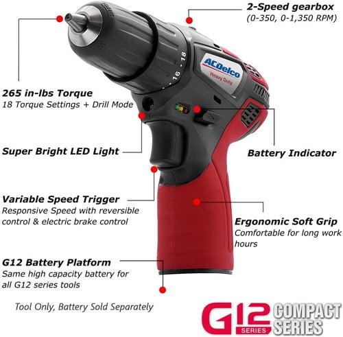 ACDelco ARD12119PSB 12V Cordless Li-ion 3/8” 265 In-lbs. 2 Speed Compact Drill Driver Tool Kit with Brush Sets