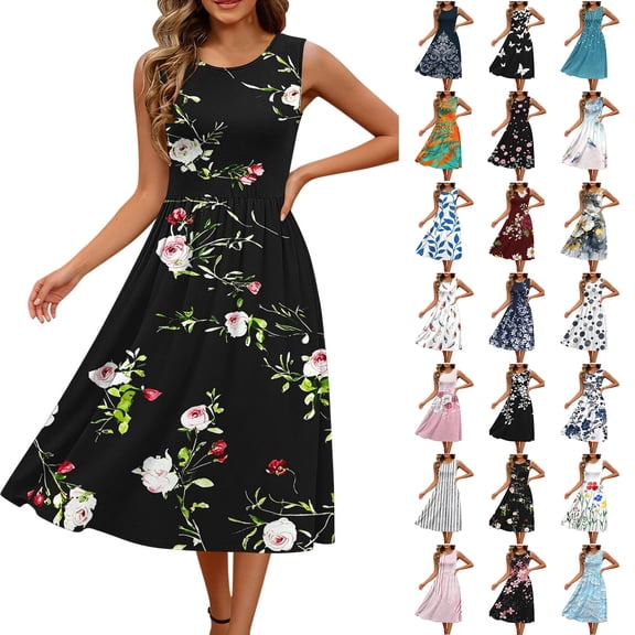 Smsaxvxz Summer Dresses for Women 2026 Casual Floral Printed Crew Neck Sleeveless Elastic Waist Loose Fit Midi Sundress Black S