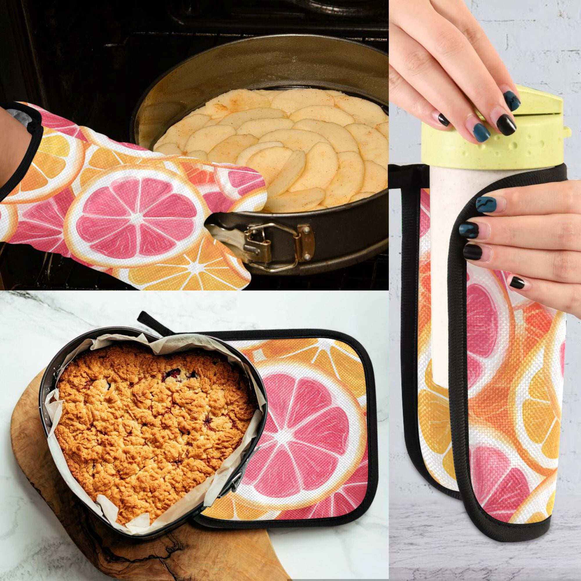 Yayeee Oven Mitts and Pot Holder Set of 4 Heat Resistant Kitchen Gloves Baking Hot Pad, Pink Grapefruit Slices