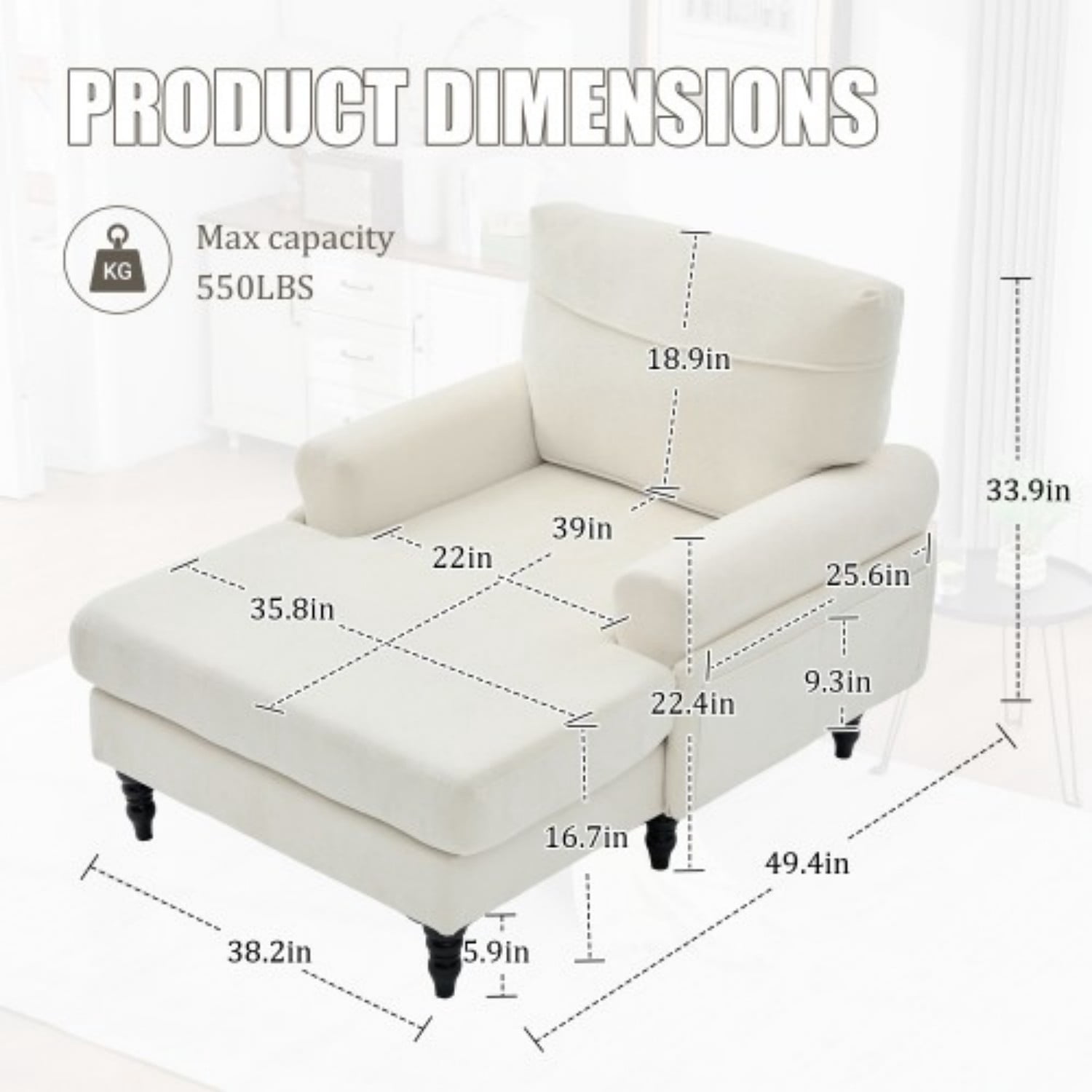 Chenille Chaise Lounge Chair, Oversized Upholstered Recliner Sofa with Wide Seat, High Density Foam Backrest, Solid Wood Legs & Side Pockets for Living Room, Bedroom, Office, Beige