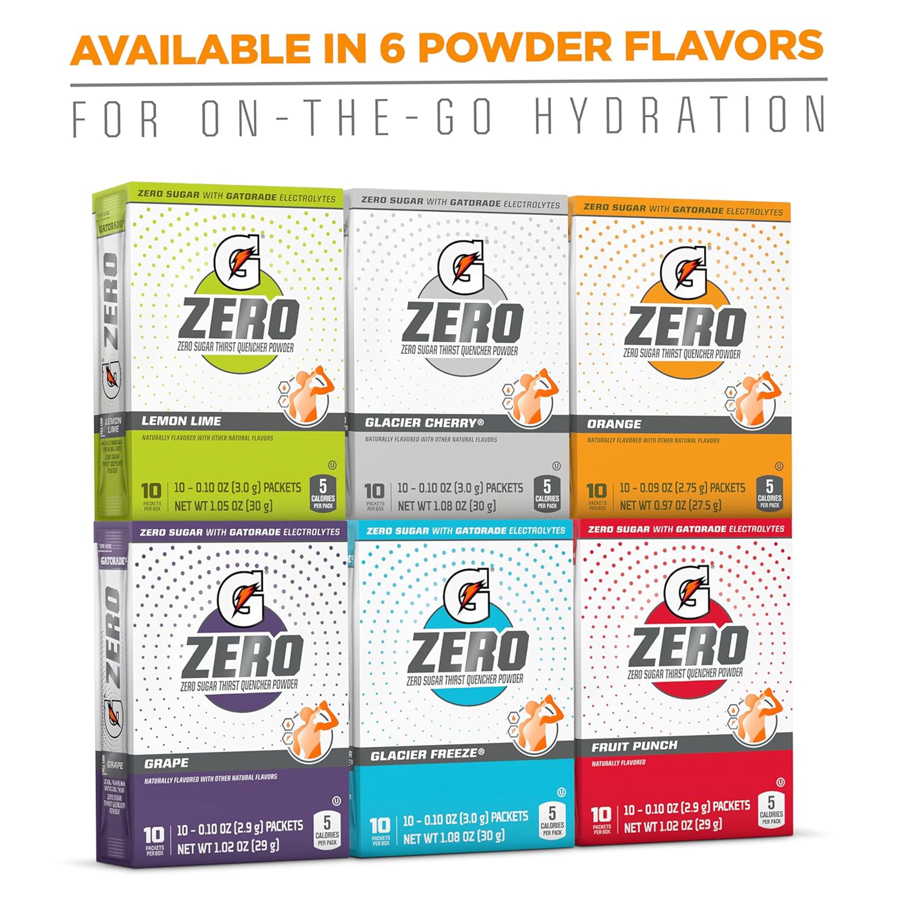 Gatorade G Zero Powder, 3 Flavor Glacier Cherry Variety Pack, 10 oz, 50 Count Packets