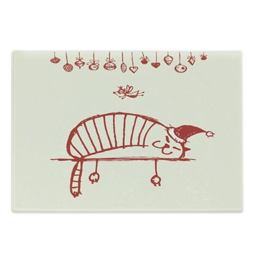 Christmas Cutting Board, Funny Cat Sleeping with a Hat and Little Hanging Xmas Ornaments Style, Decorative Tempered Glass Cutting and Serving Board, Large Size, Red, by Ambesonne