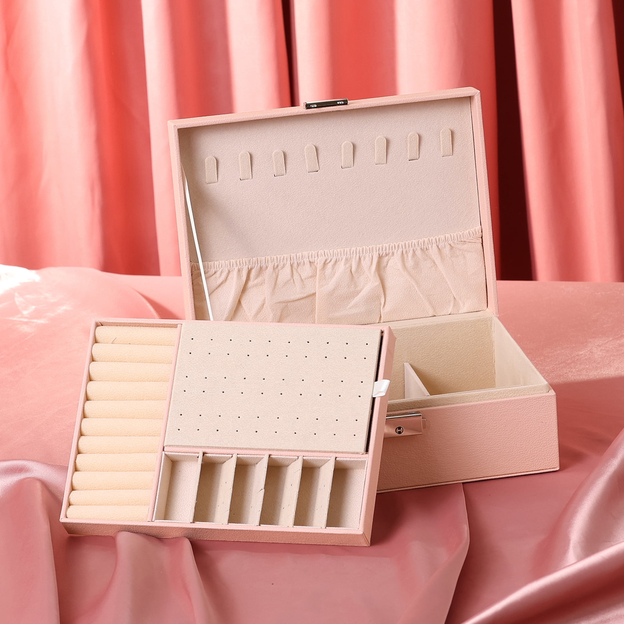 Unique Bargains Jewelry Box Small PU Leather Jewelry Organizer Case Storage Display Holder Pink