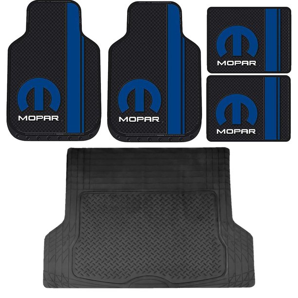 5 Piece Mopar Logo All Weather Heavy Duty Front Rear Rubber Floor Mats & Universal Cargo Trunk