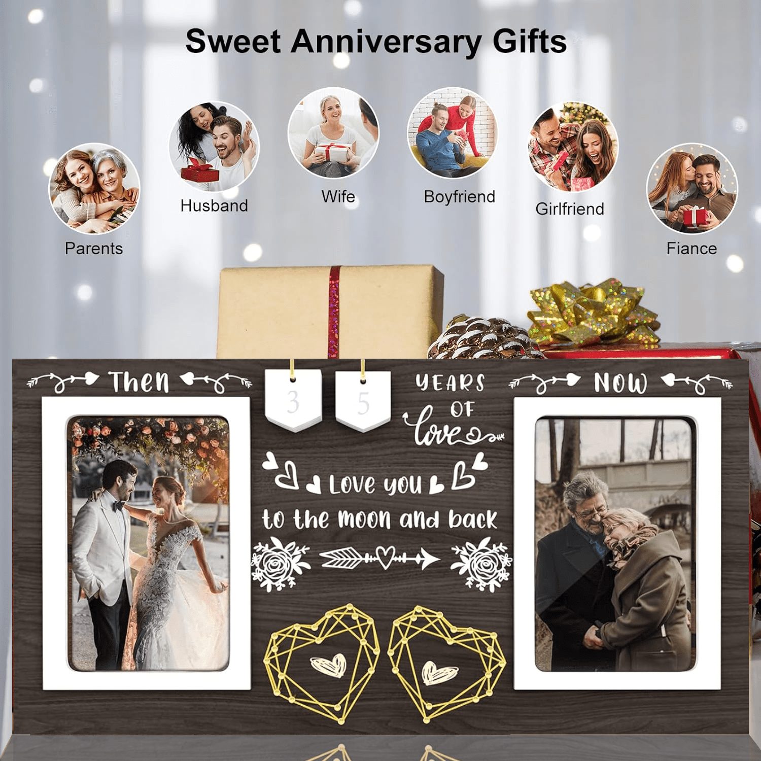 Then & Now Anniversary Picture Frame - Holds 2 Photos, Wood Frame For Wedding, Engagement, 50th Anniversary Gift