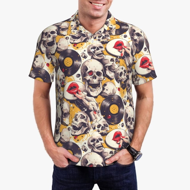 Fotbe lips record rock Skull Camiseta Polo de Golf para Hombre con Estampado – Camisa Deportiva Transpirable con Cuello Abotonado-XX-Large