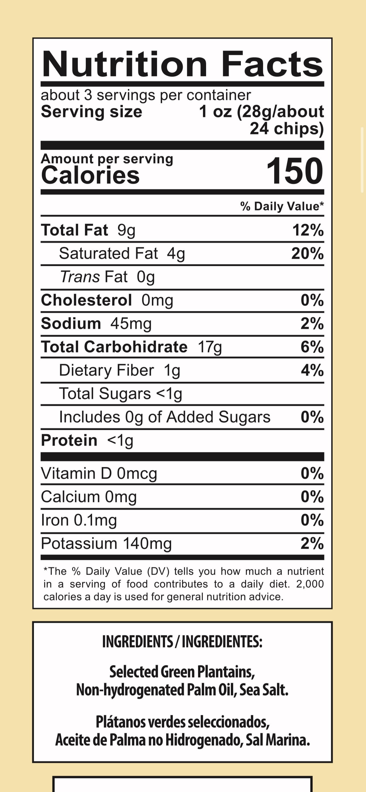 El Sol Brands Plantain Chips Lightly Salted / Saladito,  Kosher Gluten Free
