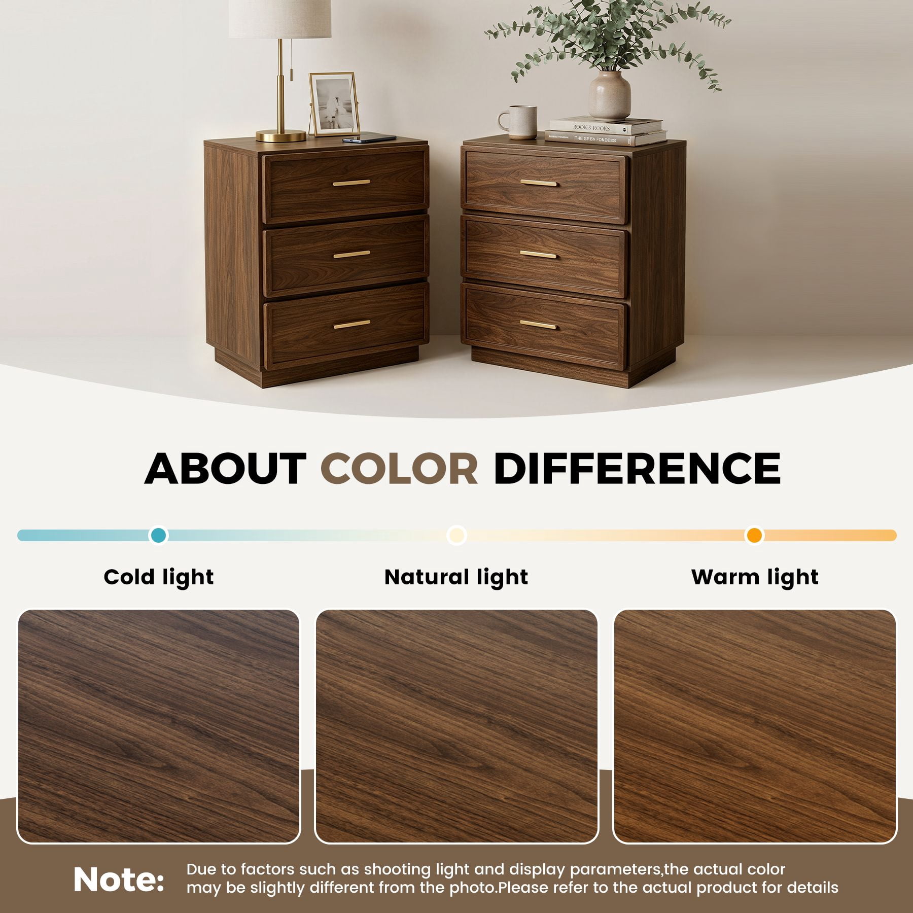 MOONMISS Modern 3-Drawer Nightstand Set of 2,Bedside Table with Sturdy Base & Gold Handles for Bedroom,Living Room,Walnut Finish