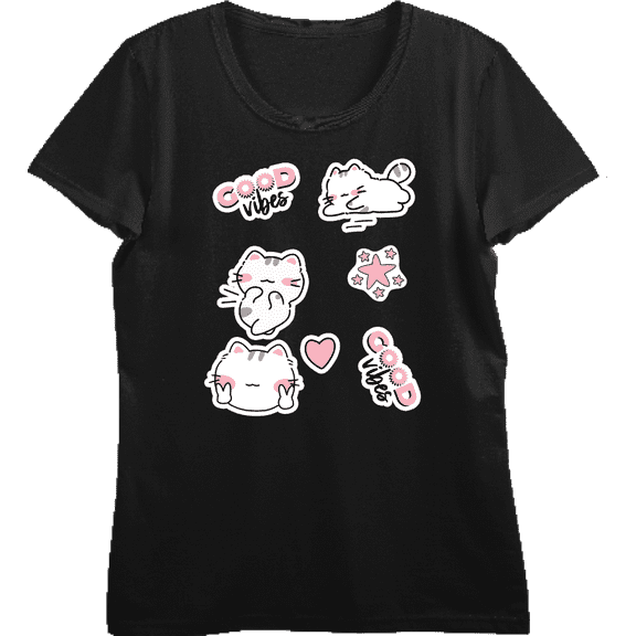 Good Vibes Cat Stickers Women's Black Crew Neck Short Sleeve Top-Medium