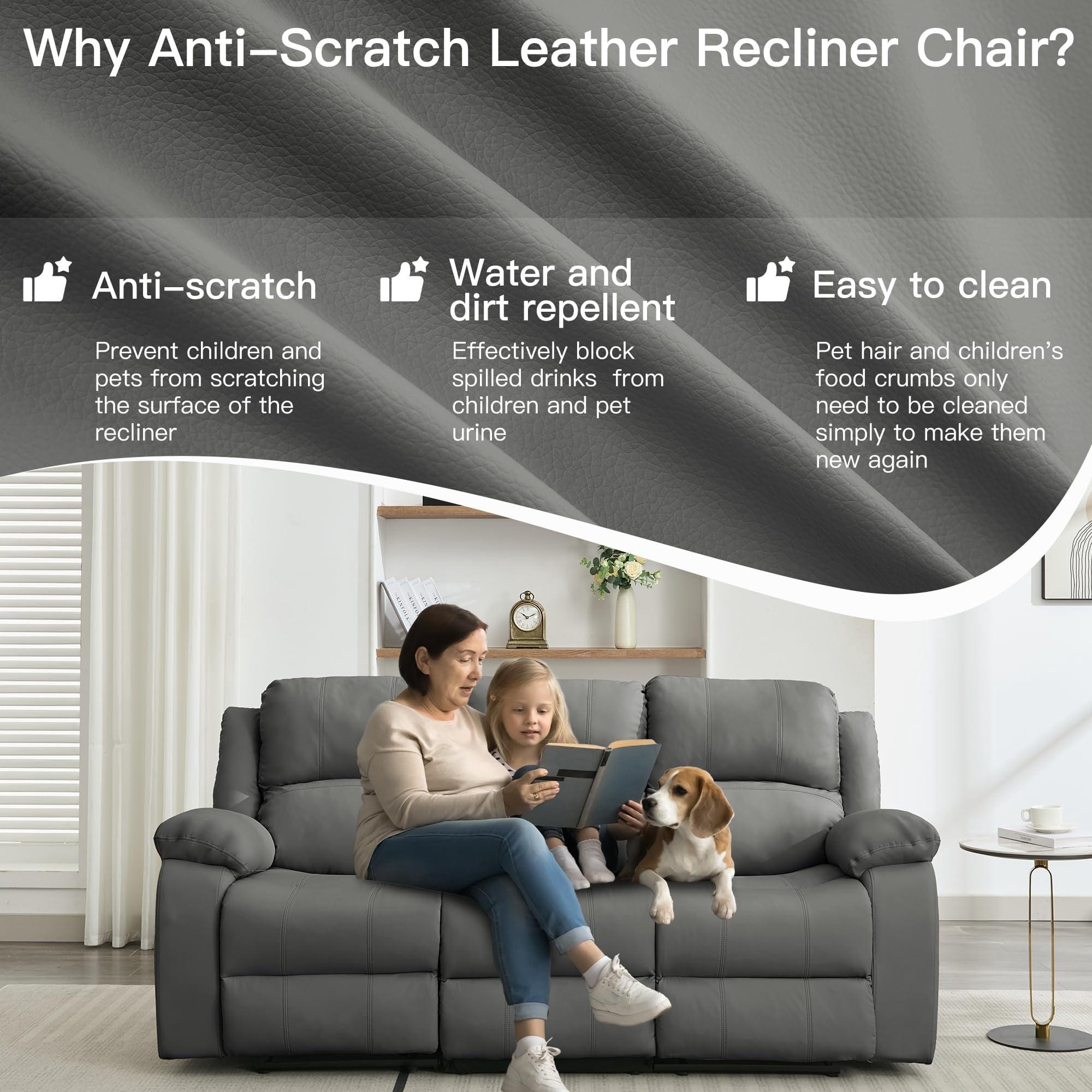 Comfortable Reclining Loveseat Sofa – Leather 3-Seater Recliner Couch for Living Room & Home Theater Seating (Grey)