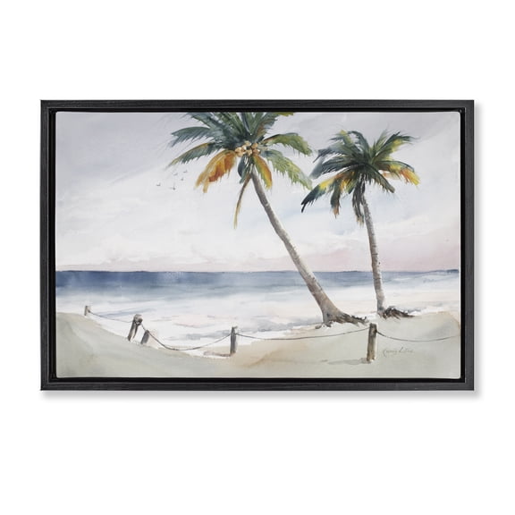 Stupell Industries Two Palms Serene Coast Nautical & Beach Painting Black Floater Framed Canvas Art Print Wall Art, 25 x 17