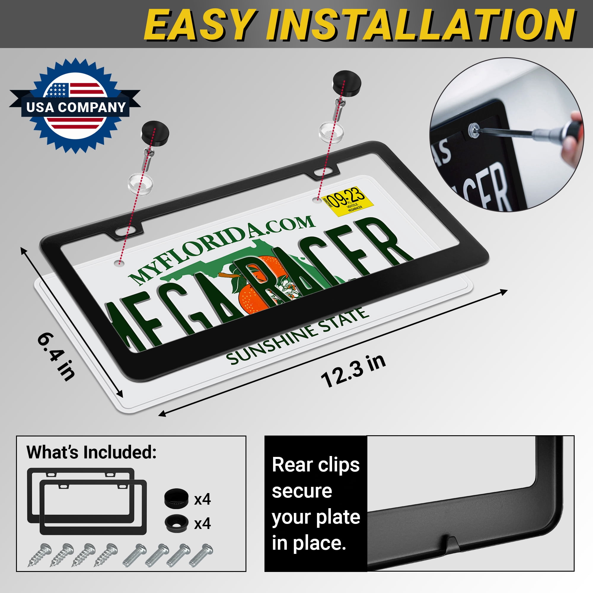 Mega Racer Matte Black License Plate Frame (2 Pack) – Stainless Steel, Rattle-Free, Rust-Resistant, Slim Top Wide Bottom Design, Front & Rear Plate Holder with Black Screw Caps