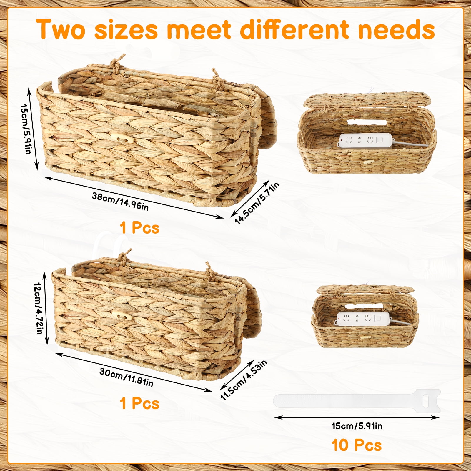 Armscye 2 Pack Wicker Cable Management Box with Lid, 15'' / 12'' Cable Organizer Box and Power Strip Box with 10 Ties, Under Desk Cord Hider and Floor Cable Management for Electrical Cord Management