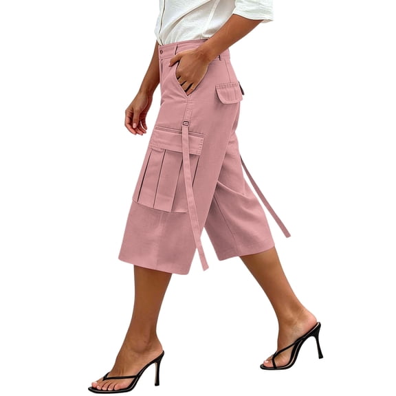 ZHYou Hiking Cargo Capris for Women with Multiple Pockets Button Waist Pull On Casual Loose Fit Cropped Pants,Pink,Size S