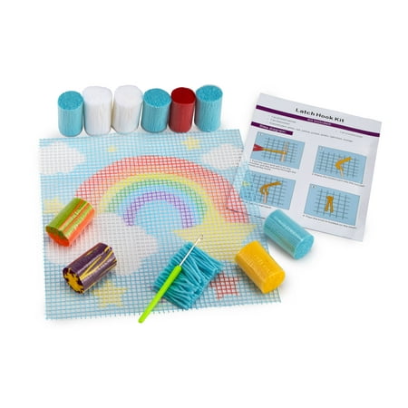 - Rainbow DIY Latch Hook Kit – Sew Your Own 12”x12” Fuzzy Rug - Includes Canvas, Tool, Instructions, Acrylic Yarn – Crochet and Needlework Crafts for Kids and Adults
