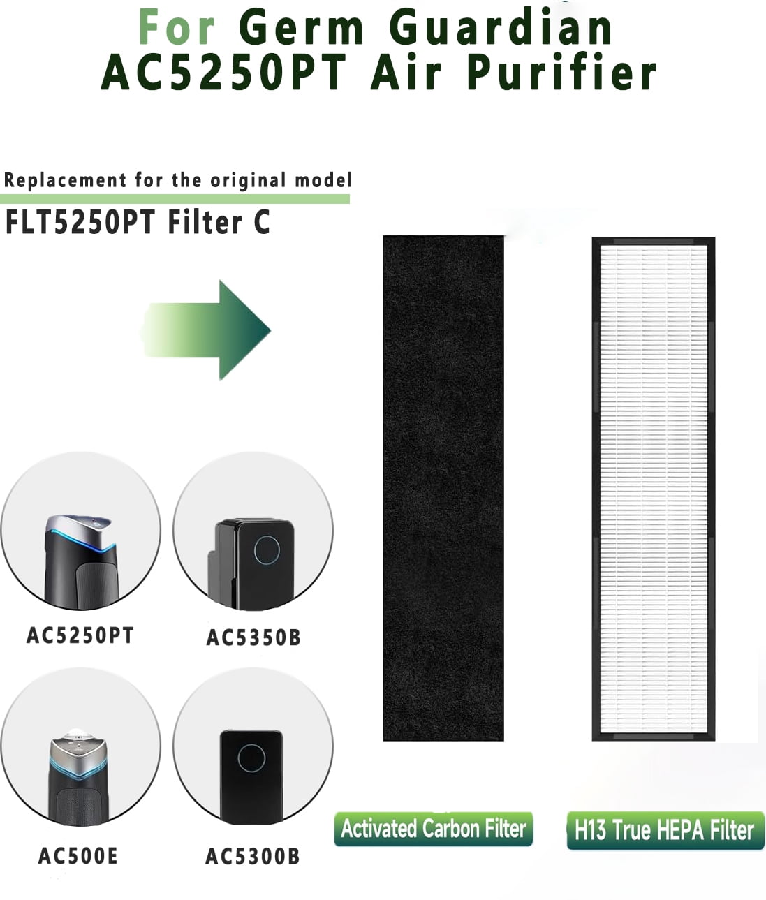 FLT5000 Filter C Compatible with AC5250PT, AC5000, AC5300 Series Air Purifier, 2 H13 True HEPA Filters with Pet-pure Treatment Layer, Plus 8 Carbon Pre-filters