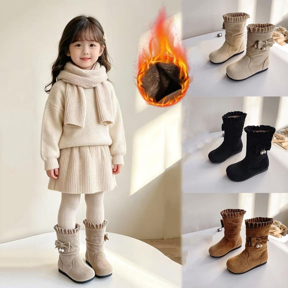 Girls Bow Pearl Mid Calf Boots Kids Fleece Lined Flat Winter Boots for Party and Dress Outfits