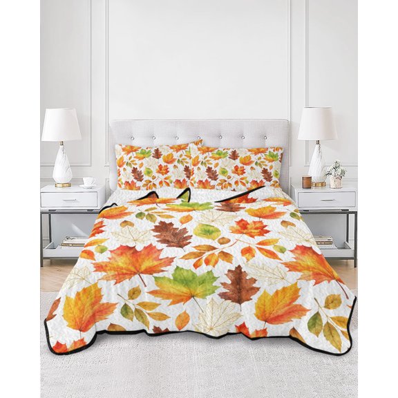 Twin Quilt Bedding Set Thanksgiving Autumn Maple Leaves Summer Quilt Lightweight Quilted Coverlet with 2 Pillow Shams, Seamless Leaf Foliage 3-Piece Bedspread Quilt Set for All Season