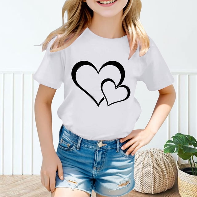 WEAIXIMIUNG Vêtements pour Filles 4T Automne T-Shirt Graphique Mignon Col Rond Manches Courtes Été Décontracté 140