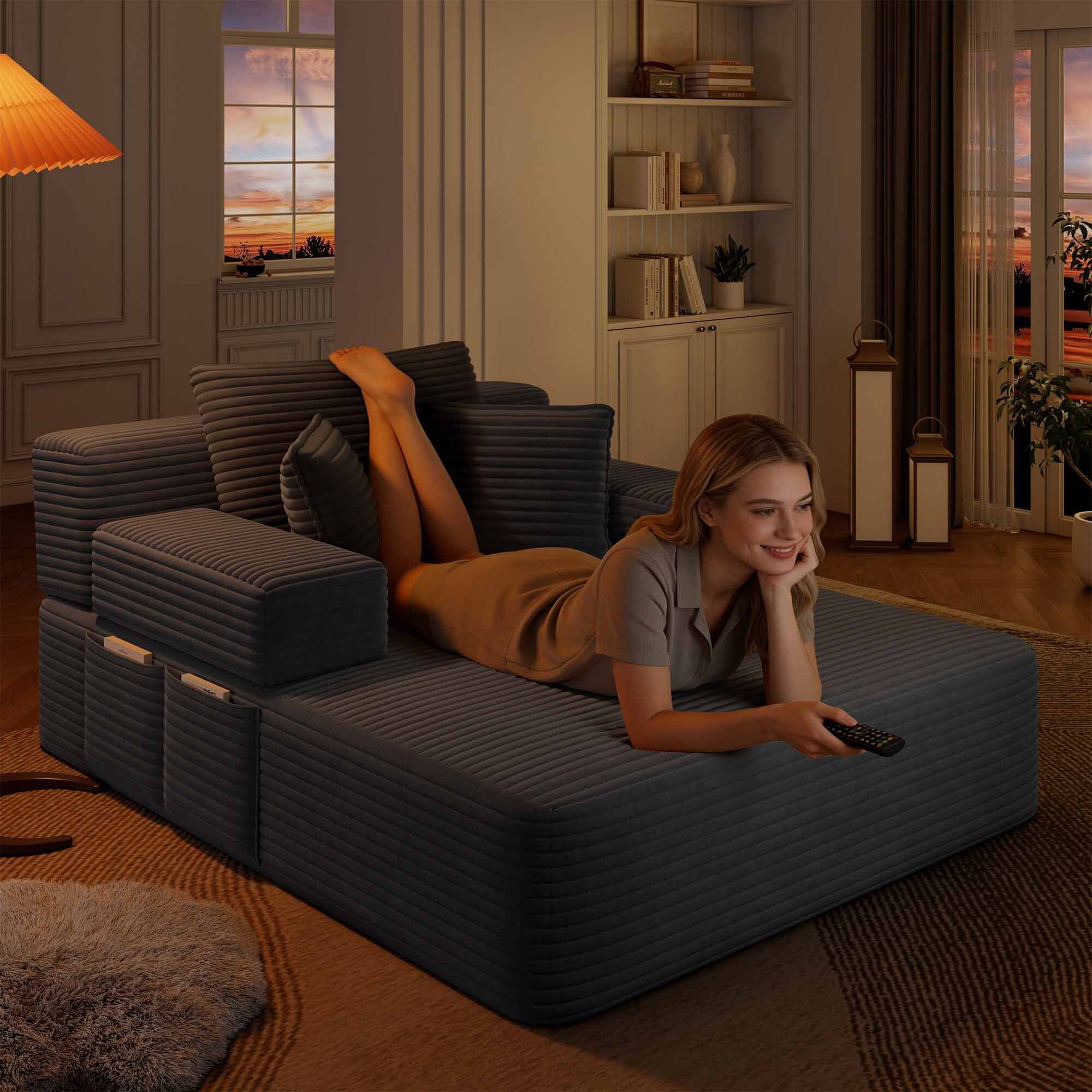 Lunale Boneless Chaise Lounge Chair Indoor, Oversized Convertible Sofa Bed, Cloud Corduroy Sofa Chair for Living Room, Dark Gray
