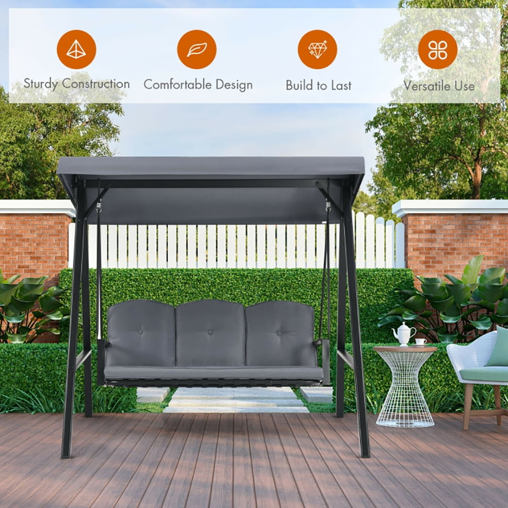 Aimee Lii Outdoor 3-Seat Porch Swing with Adjust Canopy and Cushions, Swing Chair Outdoor, Gray