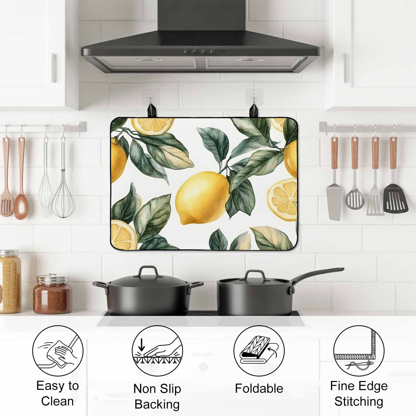 Lemon Stove Top Cover for Electric Stove, Heat-proof & Non Slip Glass Top Stove Cover Protector, Summer Yellow Fruit Country Spring Leaf Plant Kitchen Flat Cooktop Rubber Mat 24x21 Inches