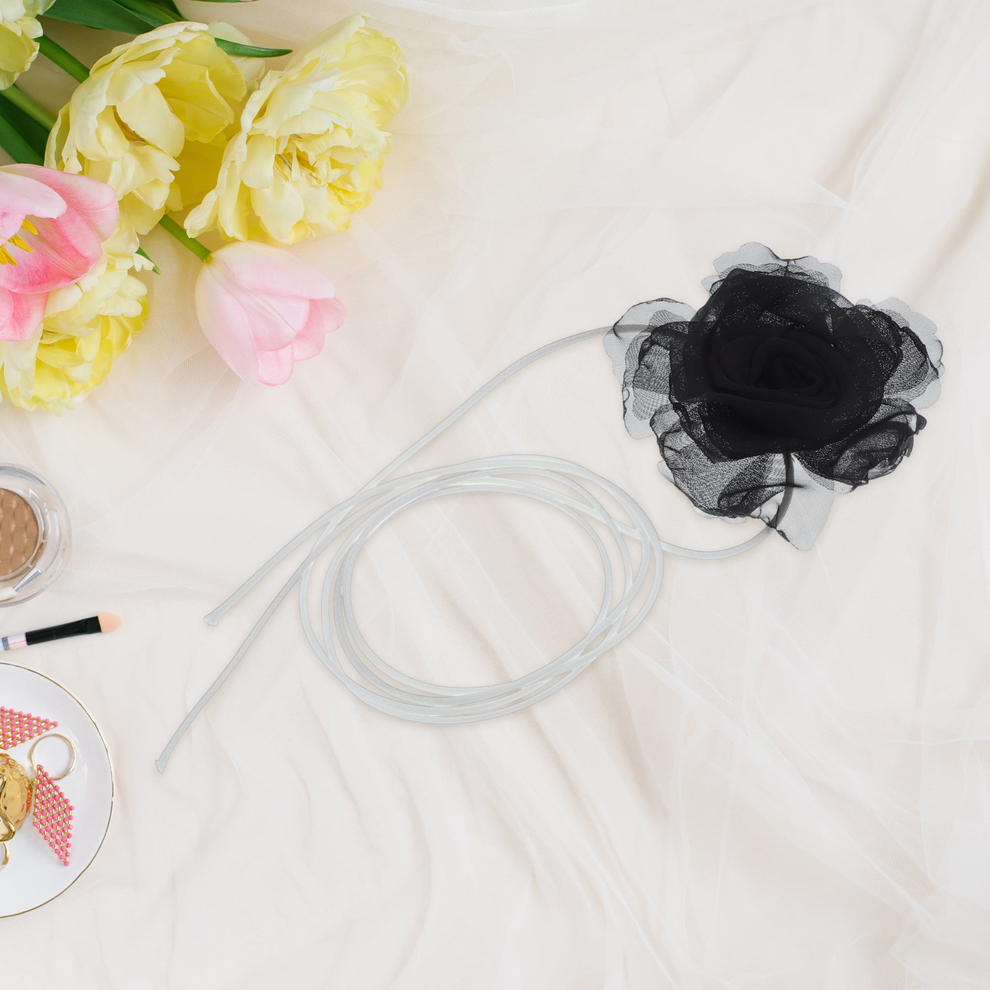 Unique Bargains Flower Choker Necklace 1Pc Black, White