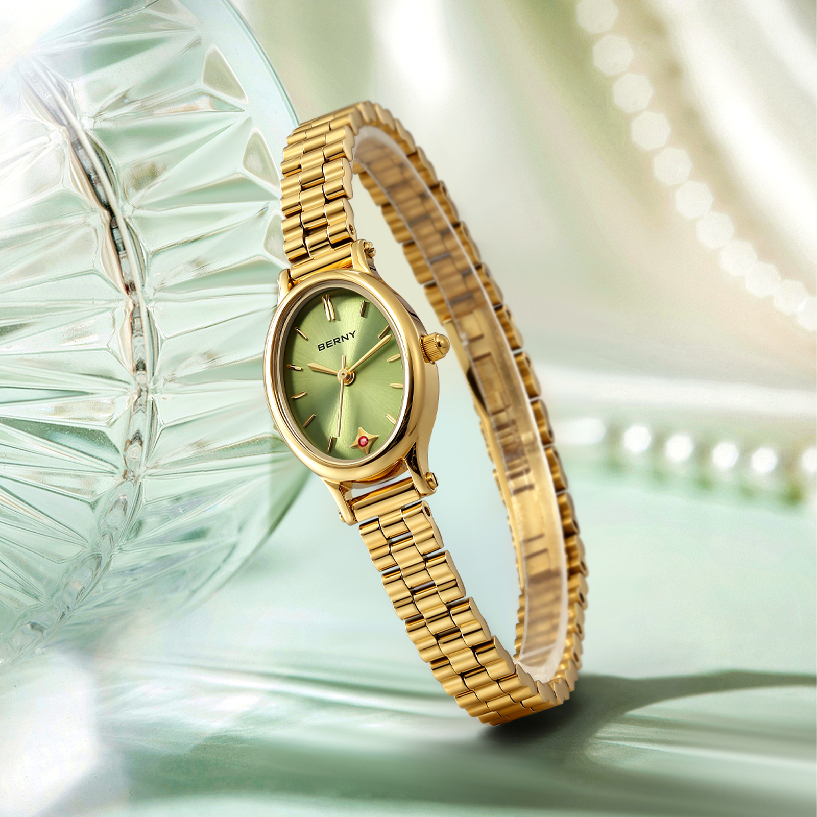 BERNY Small Gold Watches for Women, Dainty Luxury Oval Sunray Dial, Stainless Steel Bracelet Watch, Adjustment Tool Included, Waterproof, Fashion Ladies Analog Quartz Wrist Watch Gifts (Light Green)