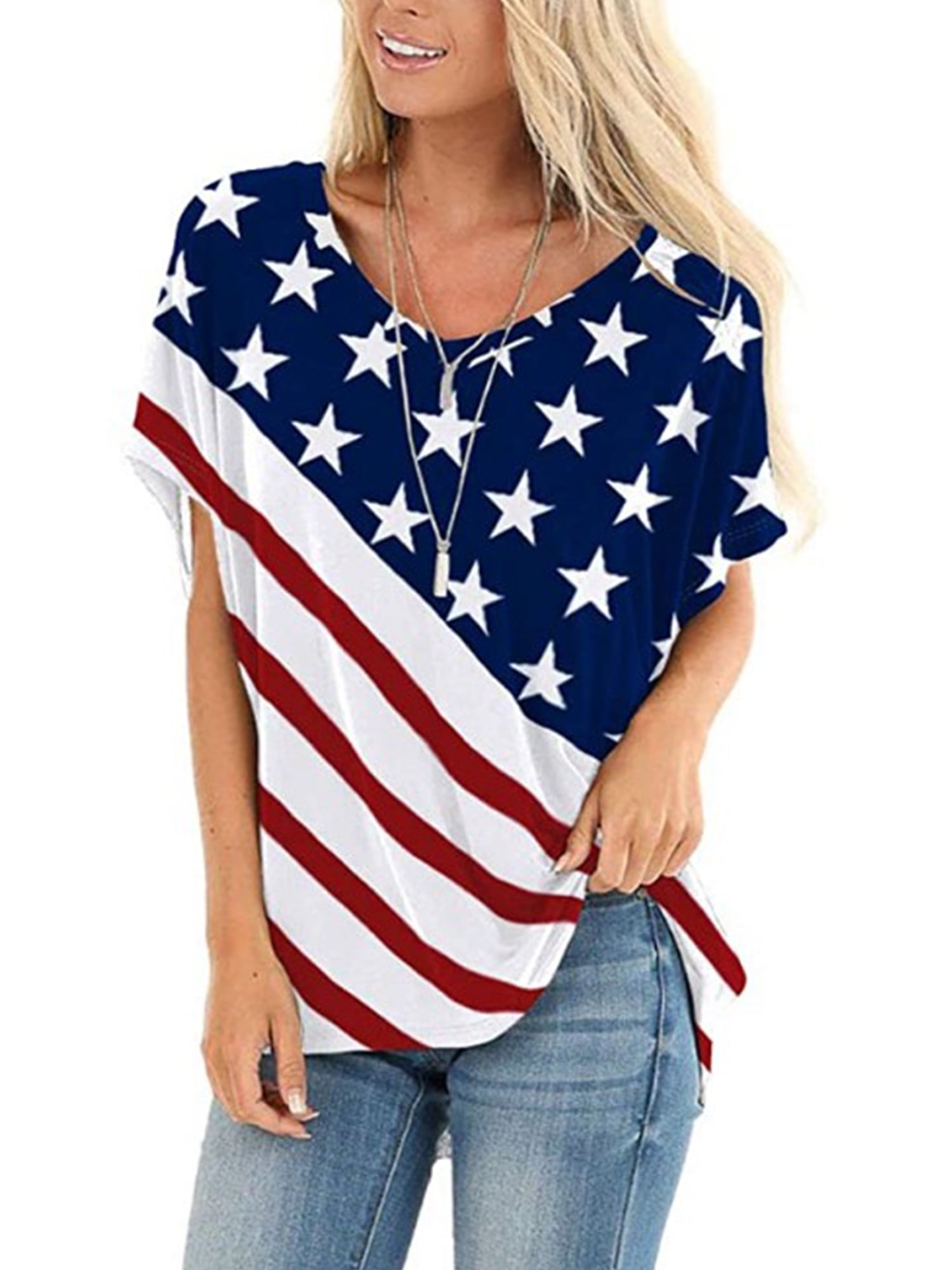ODGear Womens Short Sleeve Star American Flag Print Tank Tops Blouse Shirts Summer New Independence Day