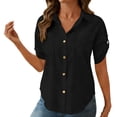 thumbnail image 2 of Women's Short Sleeve V Neck Button Down Top Shirts Blouses Solid Color Casual Daily Wear Loose Fit Fashion Essential for Work Office Vacation Outfits and Gift for Women | Aestivo,Black XL, 2 of 8