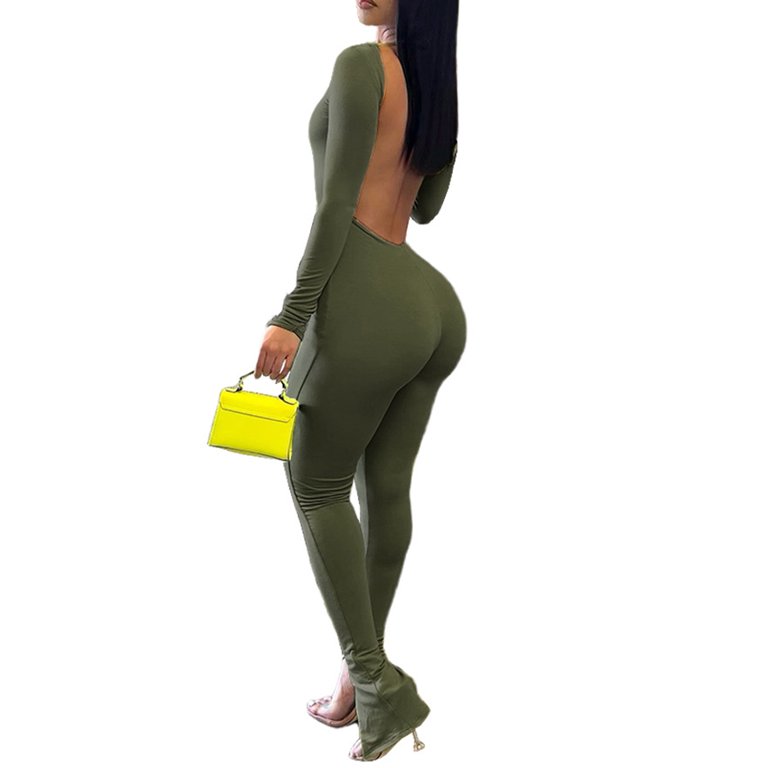 Niuer Women Long Pants Sleeve Romper Solid Color Jumpsuits Slim Fit  Trousers Scoop Neck Harem Pant Olive Green S 