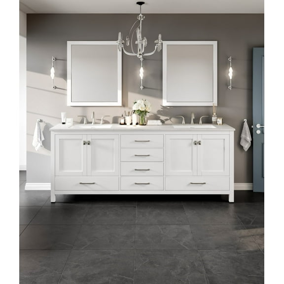 Eviva Aberdeen 84″ Transitional Grey Bathroom Vanity with White Carrara Quartz Countertop
