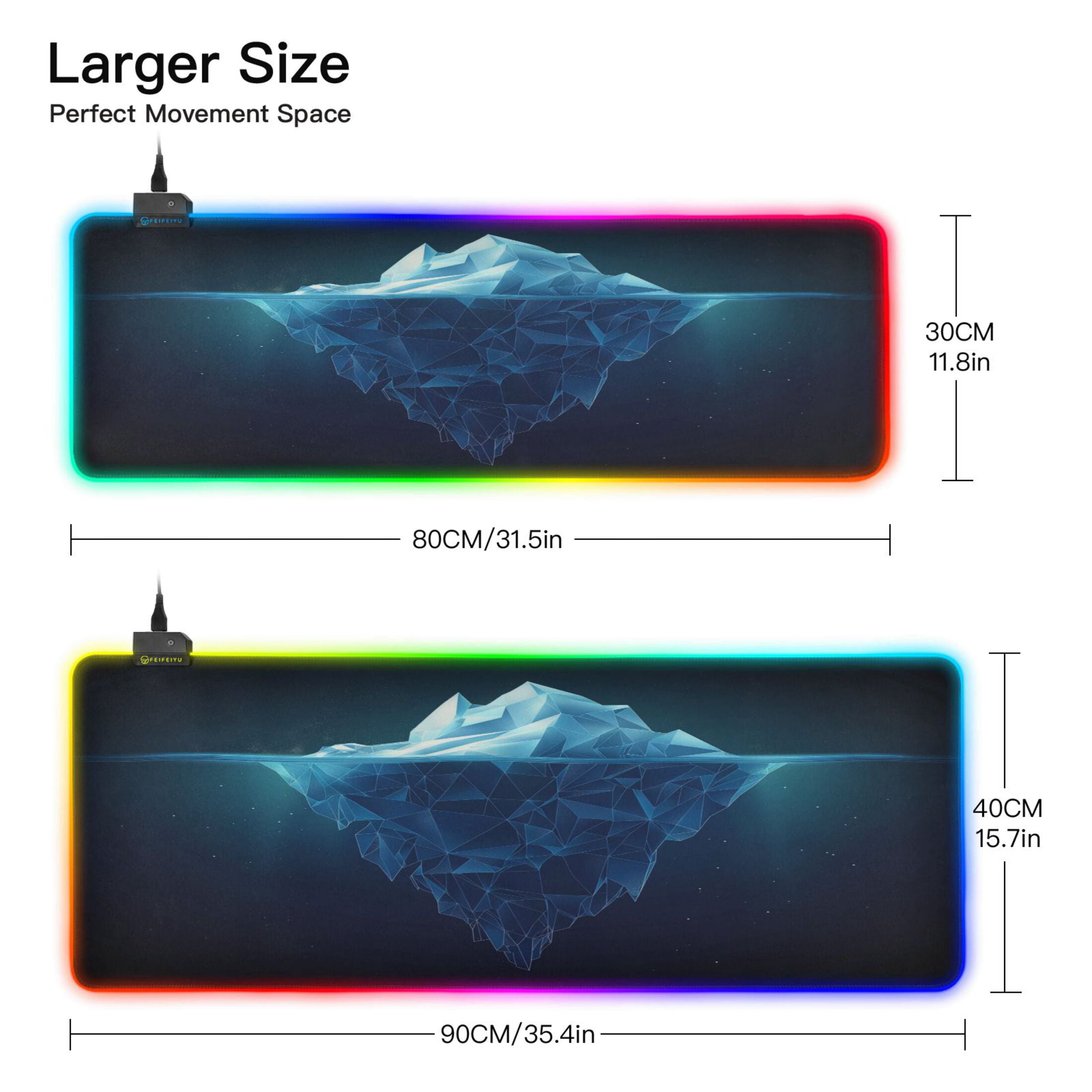Large RGB Gaming Mouse Pad Led Glowing Mousepad Non-Slip Rubber Base 13 Light Modes 35.4x15.7 Iceberg Floating Sea