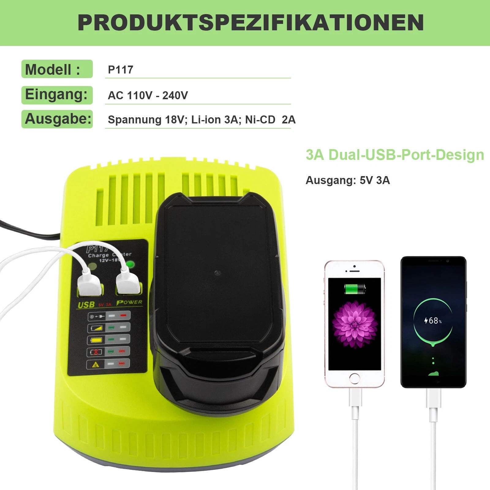 18V Charger Replace for Ryobi P120 P117 P118 P119 P135 【with 2 USB Port Charger】Compatible with P102 P103 P105 P106 P107 P108 P109 P190 P191 PBP002 PBP005 Battery