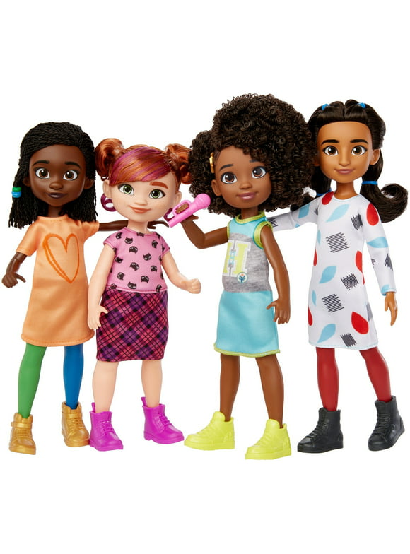 Karmas World The Go Girls 4-Pack, Dolls with Outfits & Microphone Accessory