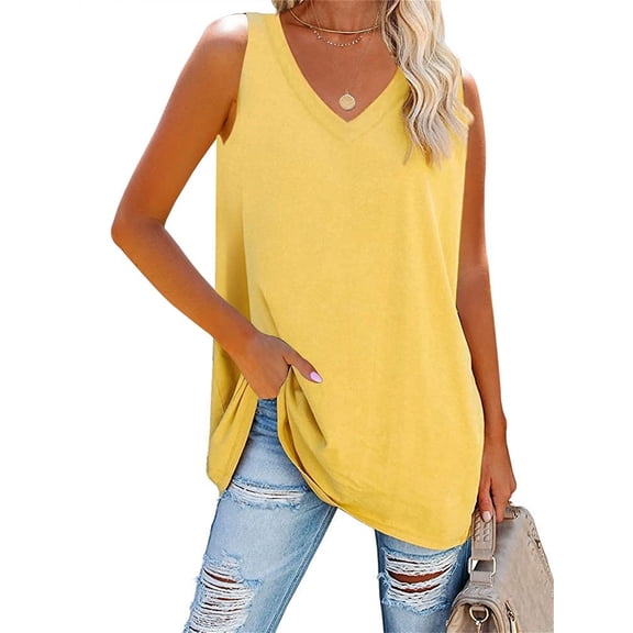 Summer Loose Women Sleeveless Casual Basic Solid Color Shirts Tunic Tops V Neck Tank Tops
