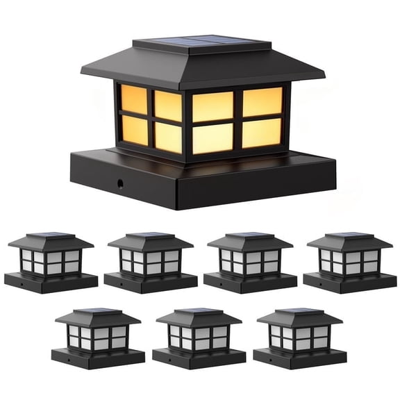 FKHouse 8 Pack Black Solar Warm White Post Cap Lights, 4X4 5X5 6X6 Fence Deck Post LightsSolar Powered Waterproof for Garden, Yard, Deck, Patio