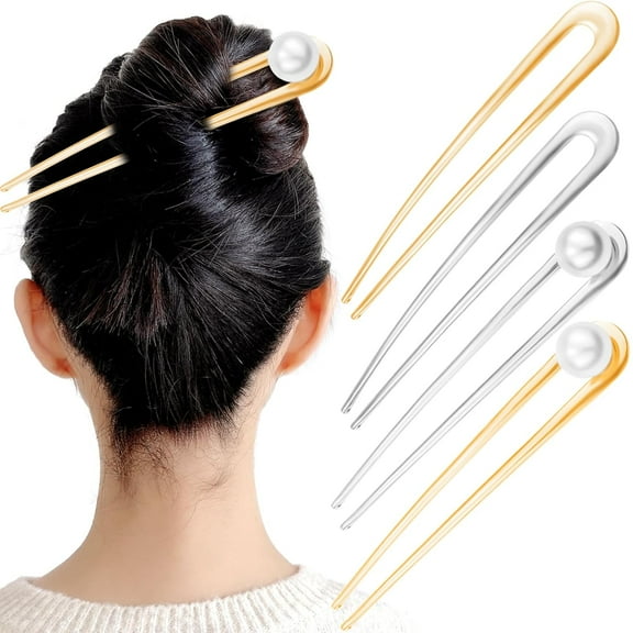 LinYooLi 4 Pcs 5.5Inch French Hair Pins Large U-shaped Chignon 2 Prong Bun Hair Sticks Vintage Metal Forks Stick Accessories for Long Thick Hair Women