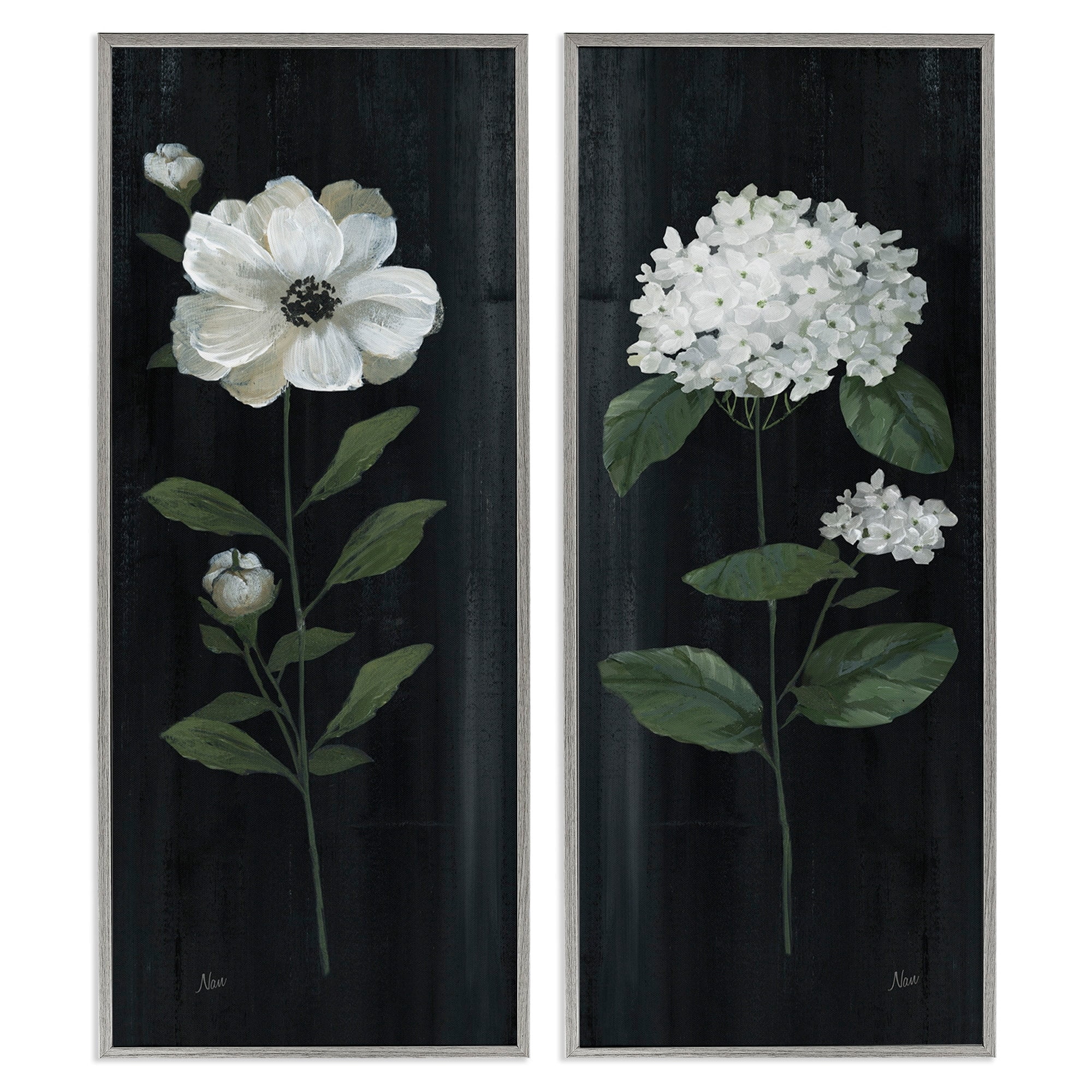Stupell Industries Delicate White Blooms Botanical Flower Petal Sprigs Painting Gray Framed Art Print Wall Art, Set of 2, Design by Nan