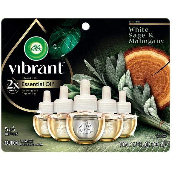 Air Wick Plug in Scented Oil Refill, 5ct, White Sage & Mahogany, Air Freshener, Essential Oils